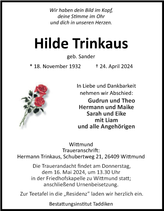 Traueranzeige von Hilde Trinkaus von WZ/JW/AH