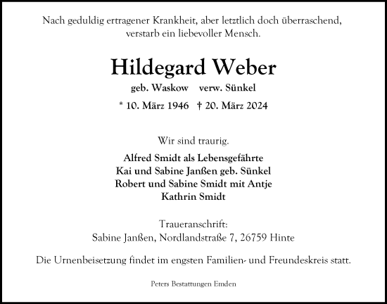 Traueranzeige von Hildegard Weber von Emder Zeitung