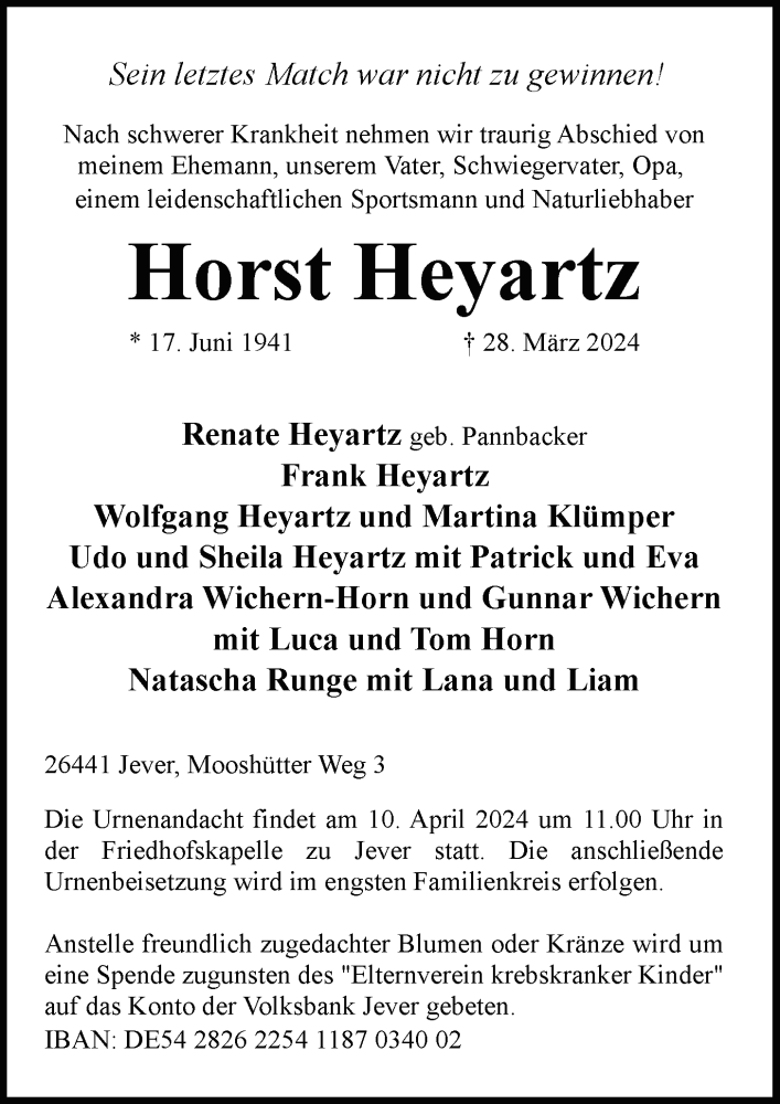  Traueranzeige für Horst Heyartz vom 03.04.2024 aus WZ/JW/AH