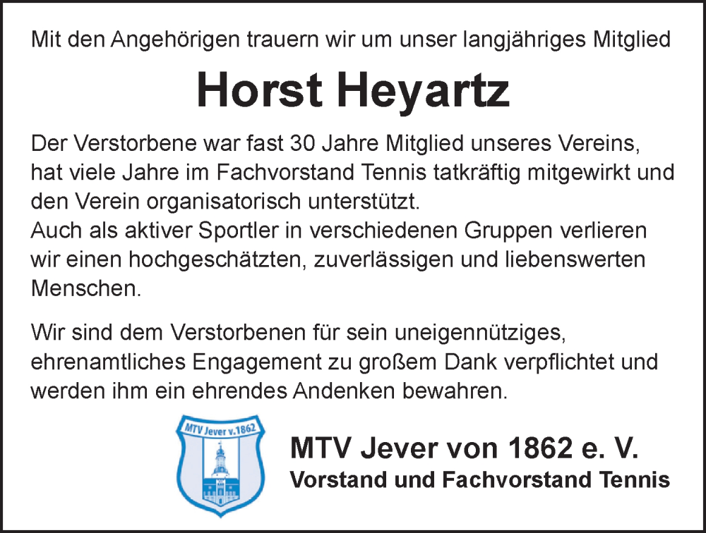  Traueranzeige für Horst Heyartz vom 06.04.2024 aus WZ/JW/AH