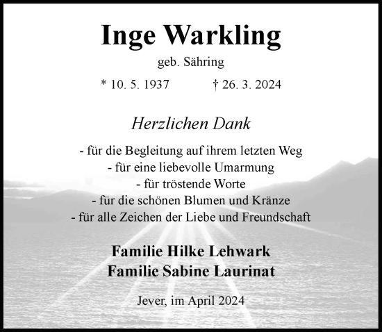 Traueranzeige von Inge Warkling von WZ/JW/AH