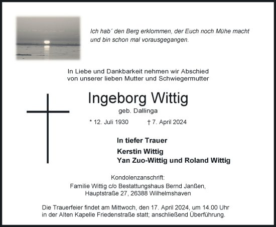 Traueranzeige von Ingeborg Wittig von WZ/JW/AH