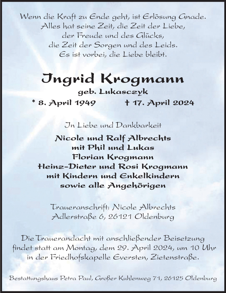  Traueranzeige für Ingrid Krogmann vom 20.04.2024 aus Nordwest-Zeitung