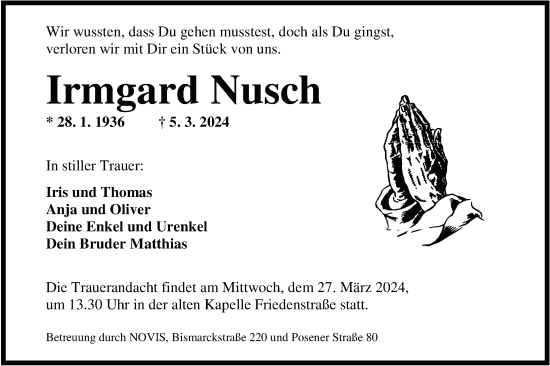 Traueranzeige von Irmgard Nusch von WZ/JW/AH