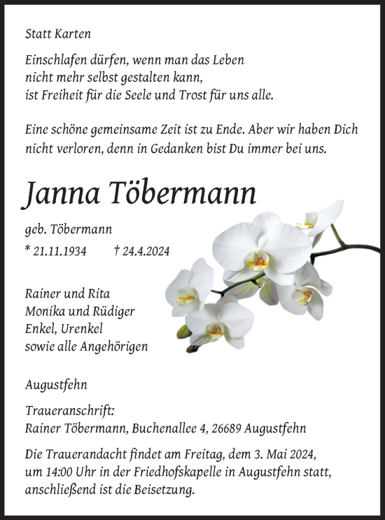 Traueranzeige von Janna Töbermann von Nordwest-Zeitung