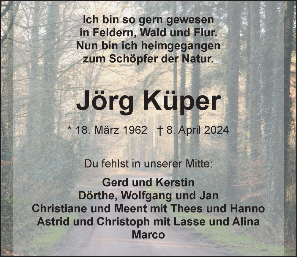  Traueranzeige für Jörg Theodor Küper vom 19.04.2024 aus Nordwest-Zeitung