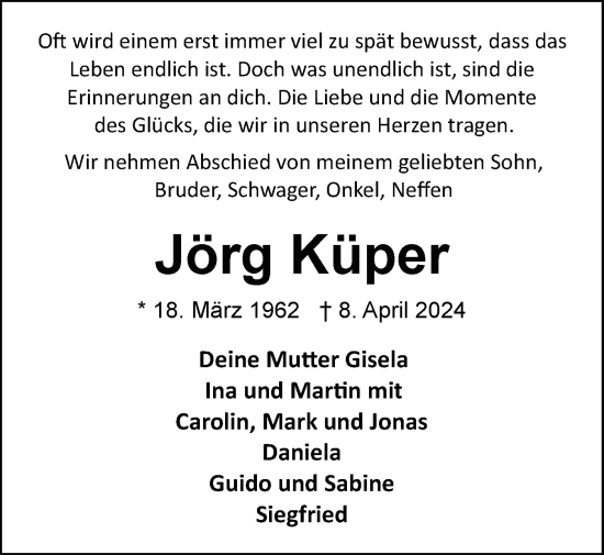 Traueranzeige von Jörg Küper von Nordwest-Zeitung