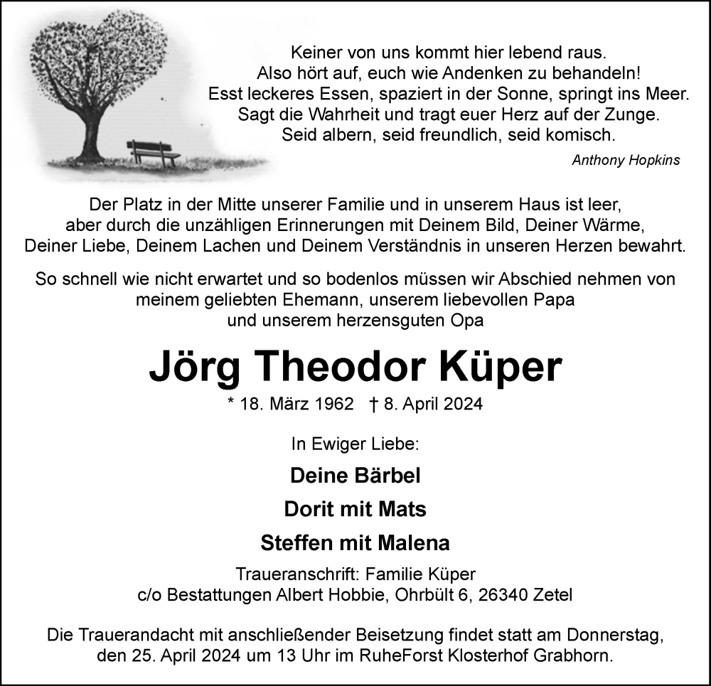  Traueranzeige für Jörg Theodor Küper vom 19.04.2024 aus Nordwest-Zeitung