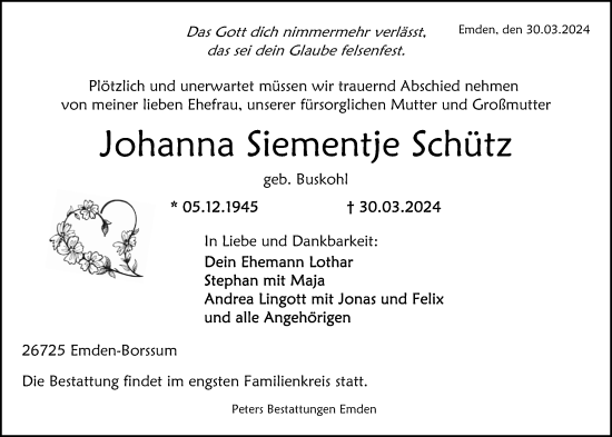 Traueranzeige von Johanna Siementje Schütz von Emder Zeitung