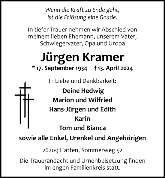 Traueranzeige von Jürgen Kramer von Nordwest-Zeitung