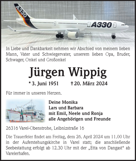 Traueranzeige von Jürgen Wippig von Nordwest-Zeitung