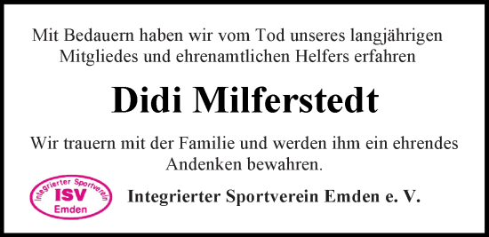 Traueranzeige von Karl-Dieter Milferstedt von Emder Zeitung