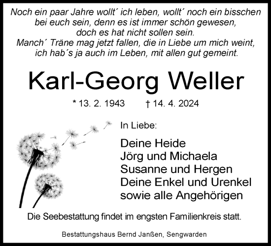 Traueranzeige von Karl-Georg Weller von WZ/JW/AH