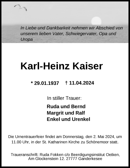Traueranzeige von Karl-Heinz Kaiser von Emder Zeitung