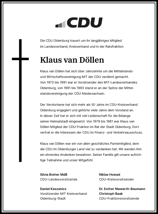 Traueranzeige von Klaus van Döllen von Nordwest-Zeitung