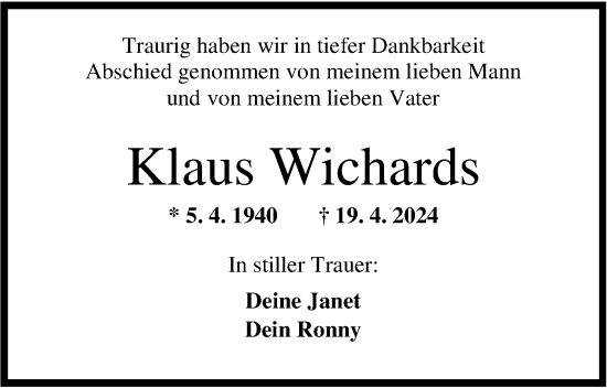 Traueranzeige von Klaus Wichards von WZ/JW/AH