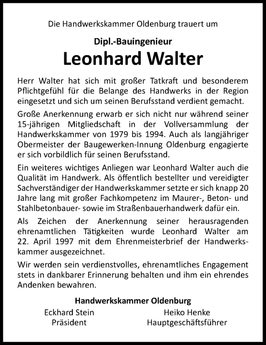 Traueranzeige von Leonhard Walter von Nordwest-Zeitung