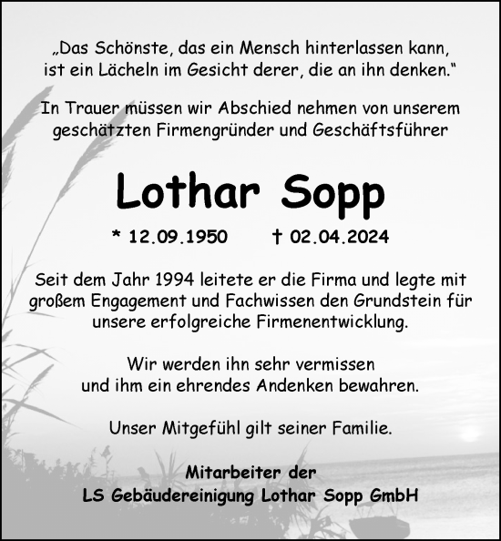 Traueranzeige von Lothar Sopp von WZ/JW/AH