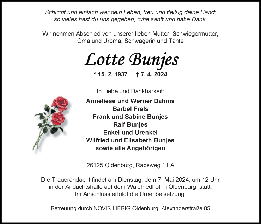  Traueranzeige für Lotte Bunjes vom 27.04.2024 aus Nordwest-Zeitung