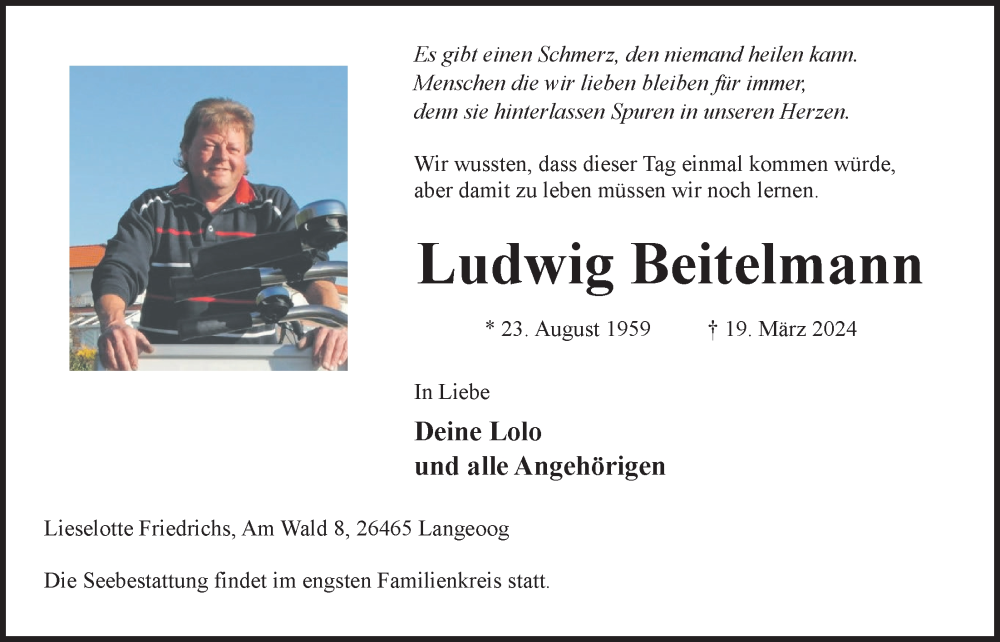  Traueranzeige für Ludwig Beitelmann vom 23.03.2024 aus WZ/JW/AH