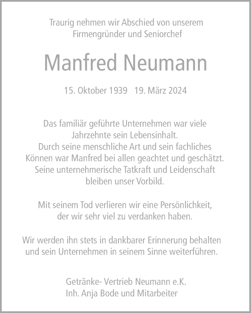  Traueranzeige für Manfred Neumann vom 20.04.2024 aus Nordwest-Zeitung
