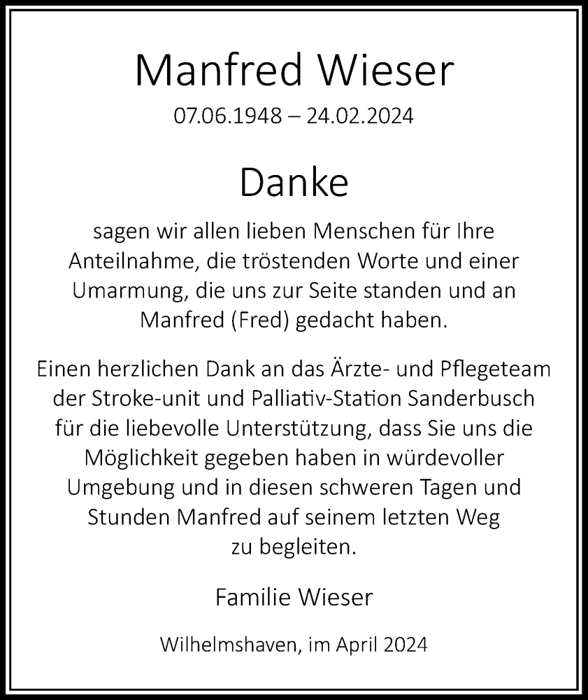  Traueranzeige für Manfred Wiesner vom 13.04.2024 aus WZ/JW/AH