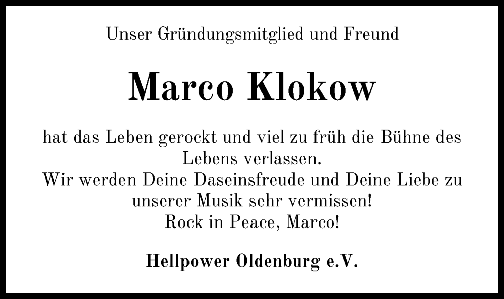  Traueranzeige für Marco Klokow vom 06.04.2024 aus Nordwest-Zeitung