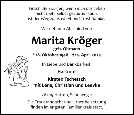 Traueranzeige von Marita Kröger von Nordwest-Zeitung