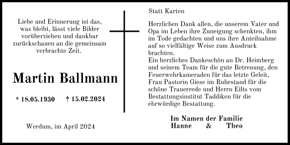  Traueranzeige für Martin Ballmann vom 24.04.2024 aus WZ/JW/AH
