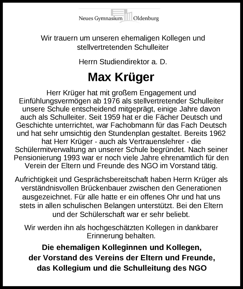  Traueranzeige für Max Krüger vom 27.04.2024 aus Nordwest-Zeitung