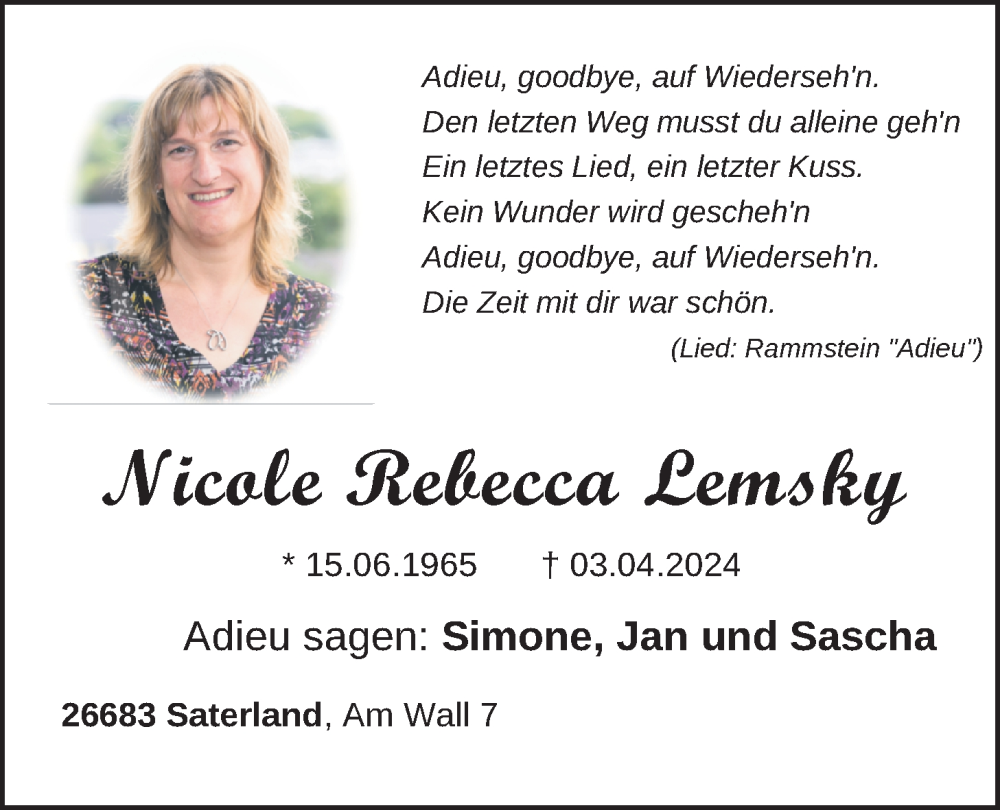  Traueranzeige für Nicole Rebecca Lemsky vom 06.04.2024 aus Nordwest-Zeitung