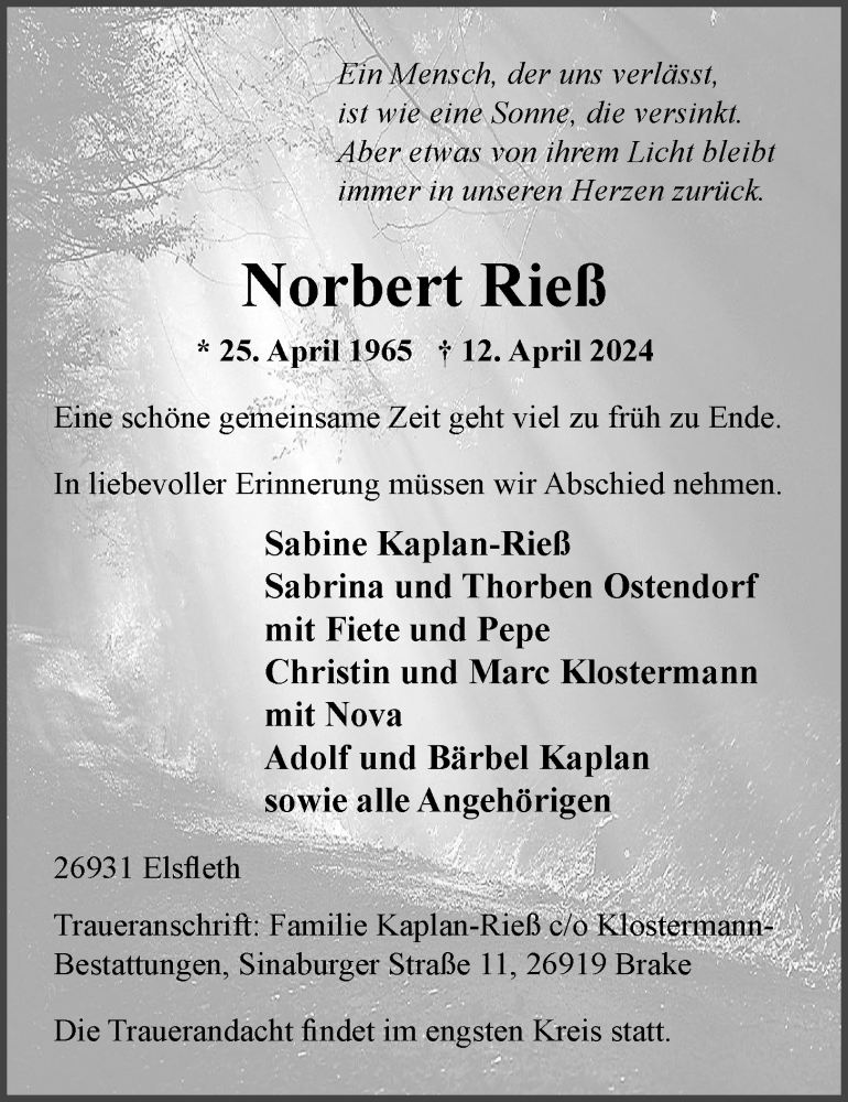  Traueranzeige für Norbert Rieß vom 20.04.2024 aus Nordwest-Zeitung