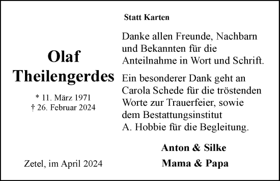 Traueranzeige von Olaf Theilengerdes von Nordwest-Zeitung