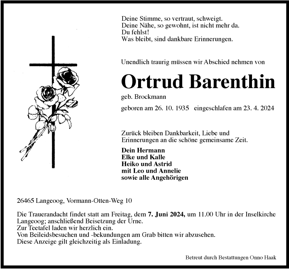  Traueranzeige für Ortrud Barenthin vom 29.04.2024 aus WZ/JW/AH