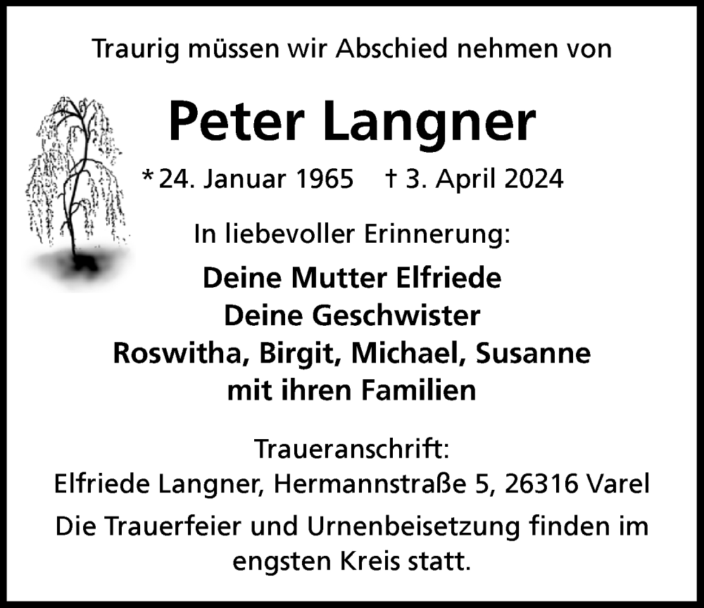  Traueranzeige für Peter Langner vom 12.04.2024 aus Nordwest-Zeitung