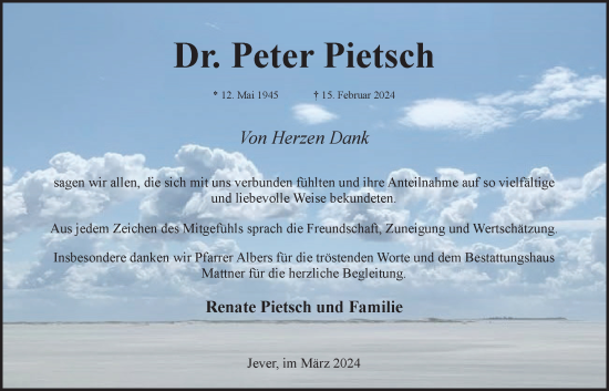 Traueranzeige von Peter Pietsch von WZ/JW/AH