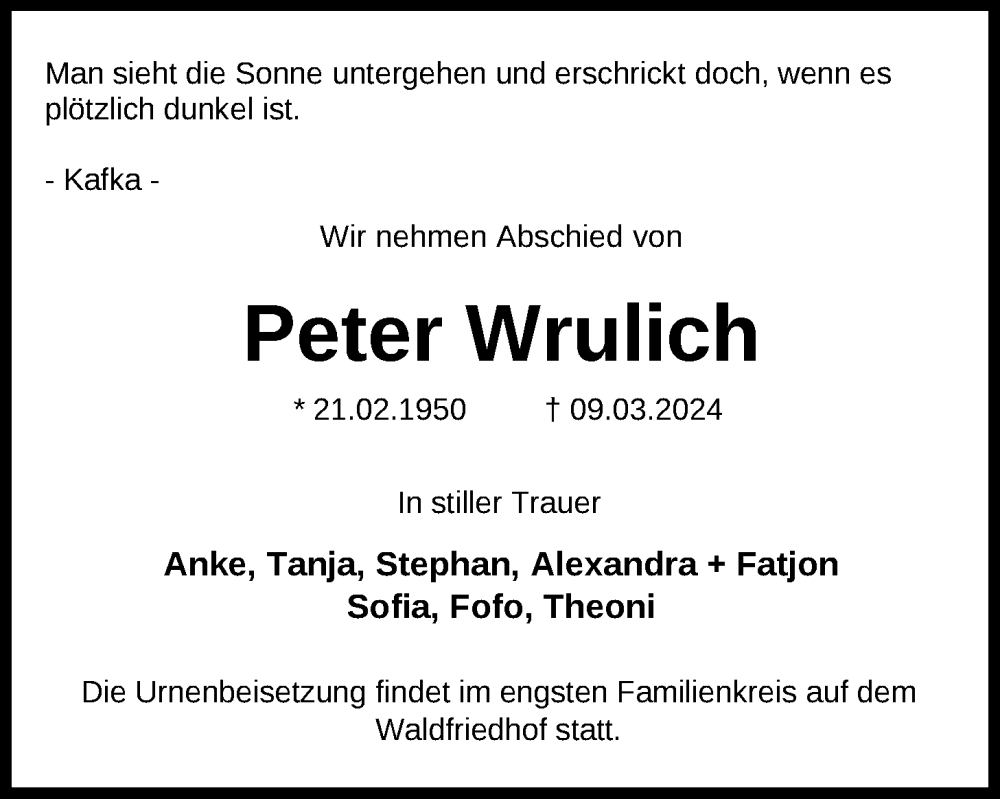  Traueranzeige für Peter Wrulich vom 13.04.2024 aus Nordwest-Zeitung