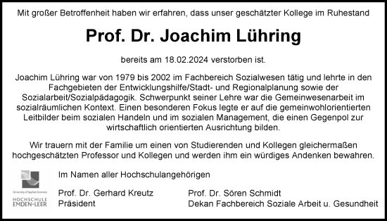 Traueranzeige von Prof. Dr. Joachim  Lühring von Emder Zeitung