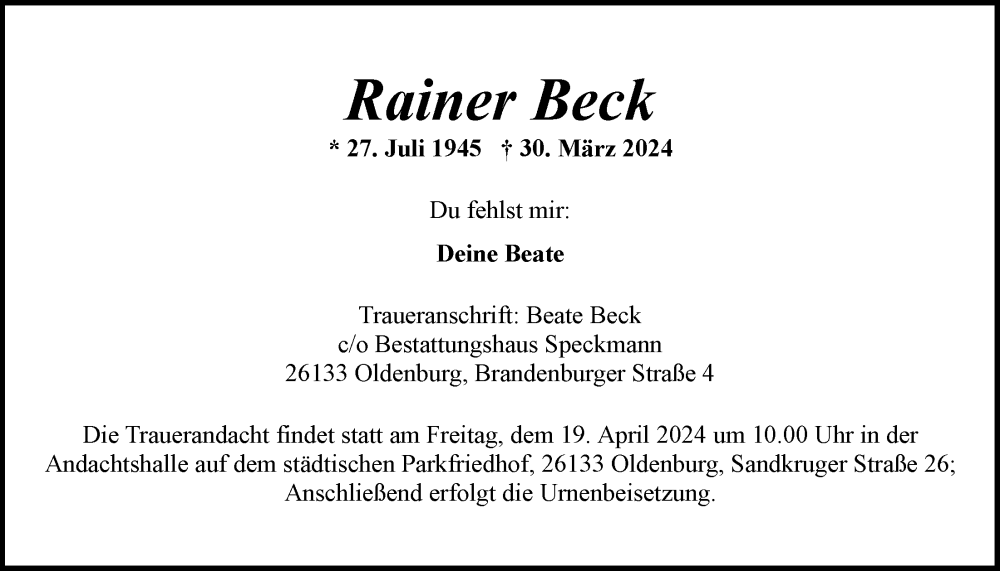  Traueranzeige für Rainer Beck vom 13.04.2024 aus Nordwest-Zeitung
