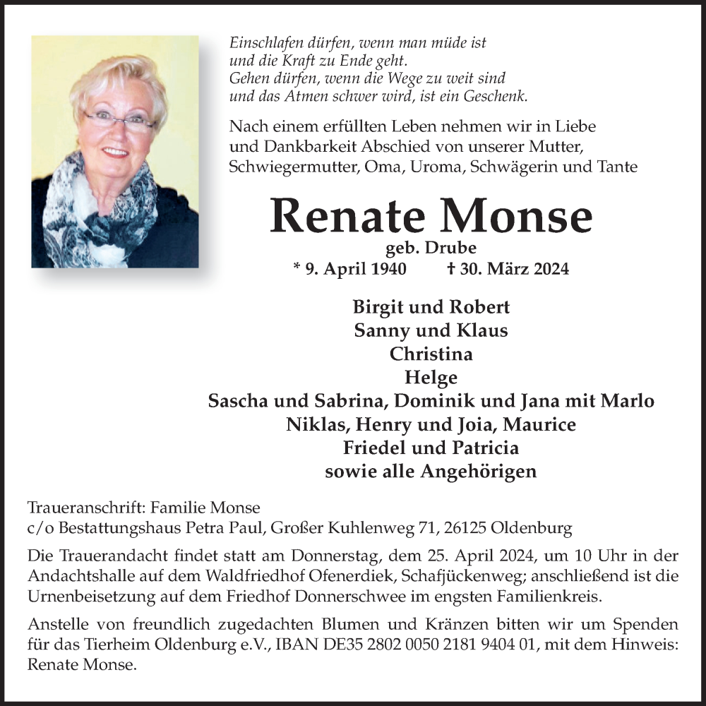  Traueranzeige für Renate Monse vom 06.04.2024 aus Nordwest-Zeitung