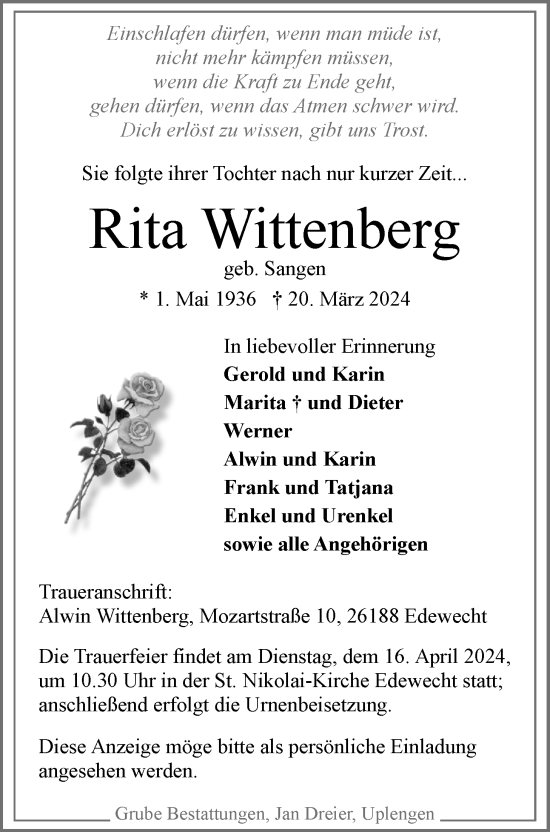Traueranzeige von Rita Wittenberg von Nordwest-Zeitung