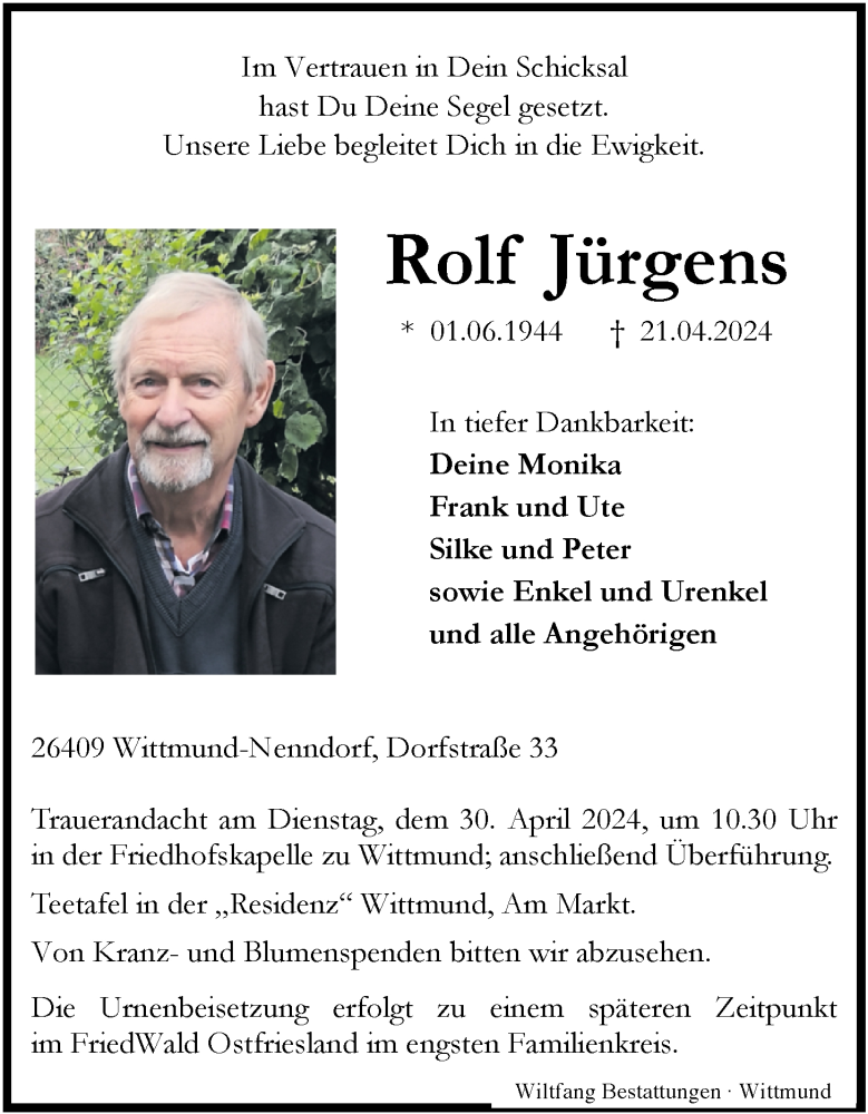  Traueranzeige für Rolf Jürgens vom 23.04.2024 aus WZ/JW/AH