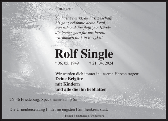 Traueranzeige von Rolf Single von WZ/JW/AH