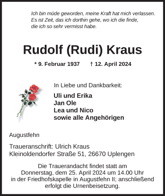 Traueranzeige von Rudolf Kraus von Nordwest-Zeitung