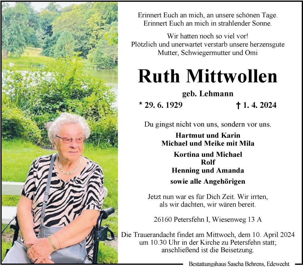  Traueranzeige für Ruth Mittwollen vom 06.04.2024 aus Nordwest-Zeitung