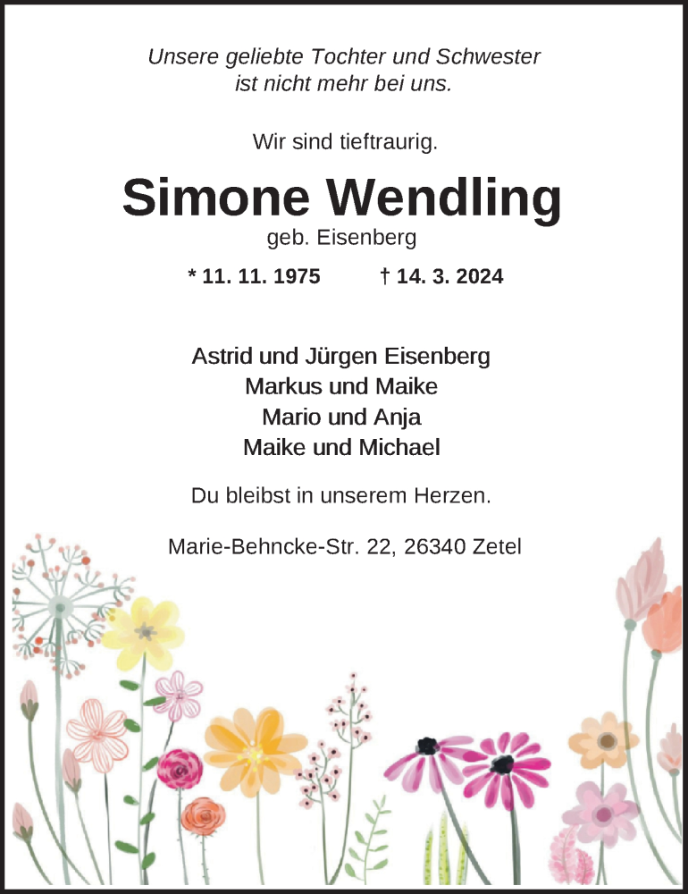  Traueranzeige für Simone Wendling vom 05.04.2024 aus Nordwest-Zeitung
