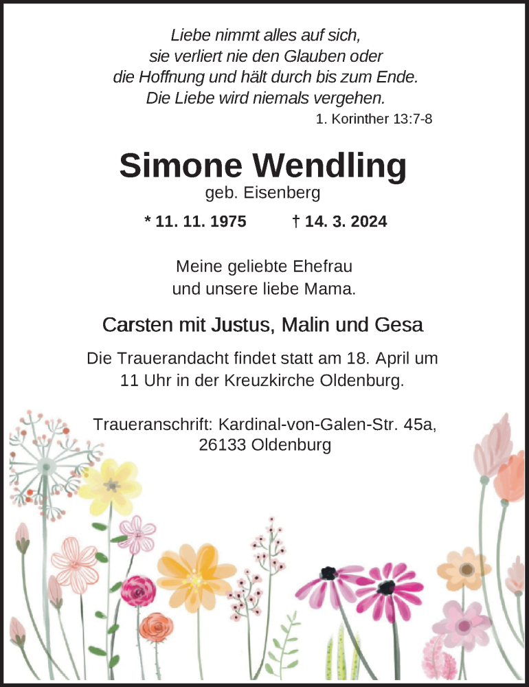  Traueranzeige für Simone Wendling vom 05.04.2024 aus Nordwest-Zeitung