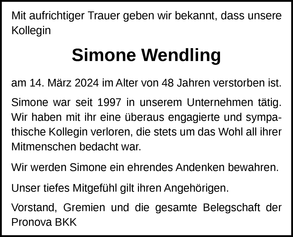  Traueranzeige für Simone Wendling vom 23.03.2024 aus Nordwest-Zeitung