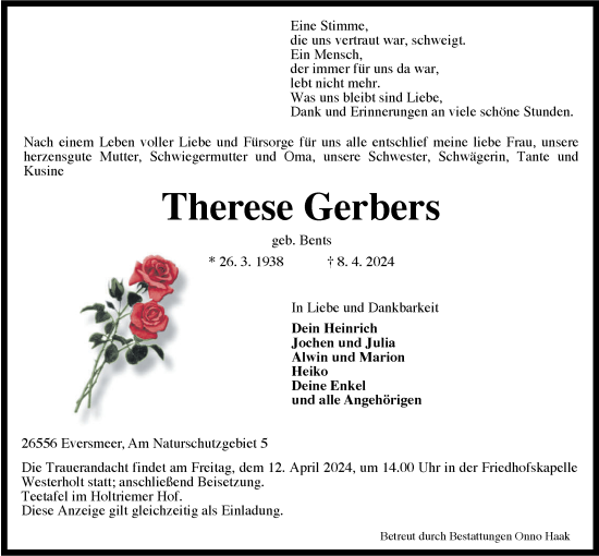 Traueranzeige von Therese Gerbers von WZ/JW/AH