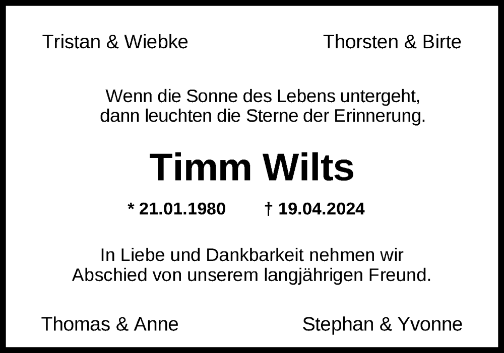  Traueranzeige für Timm Wilts vom 24.04.2024 aus Nordwest-Zeitung